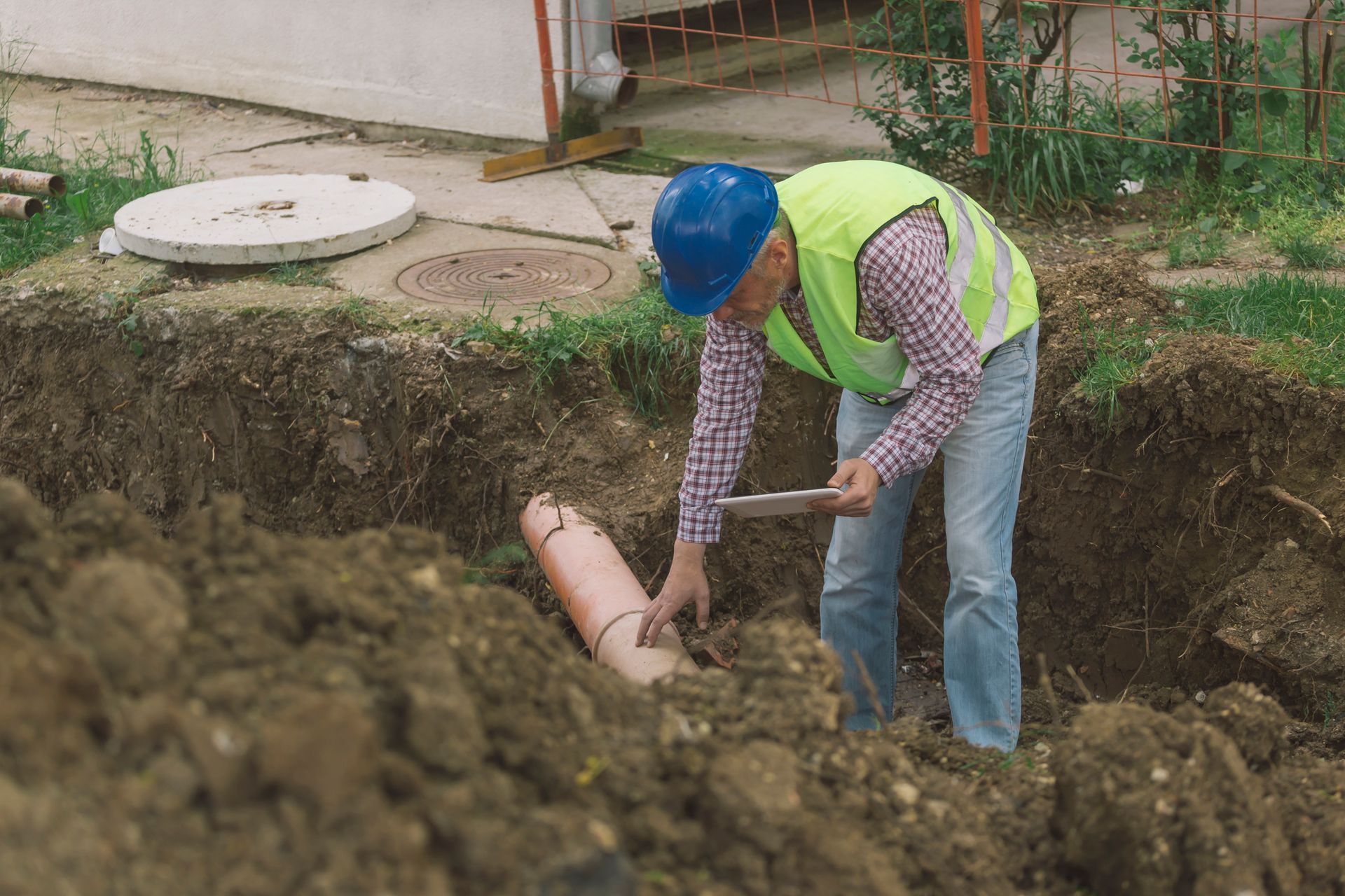Construction worker inspecting a pipe in a trench, wearing a hard hat and safety vest.