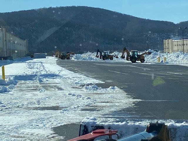 Person shoveling snow from a driveway with a blue shovel.
