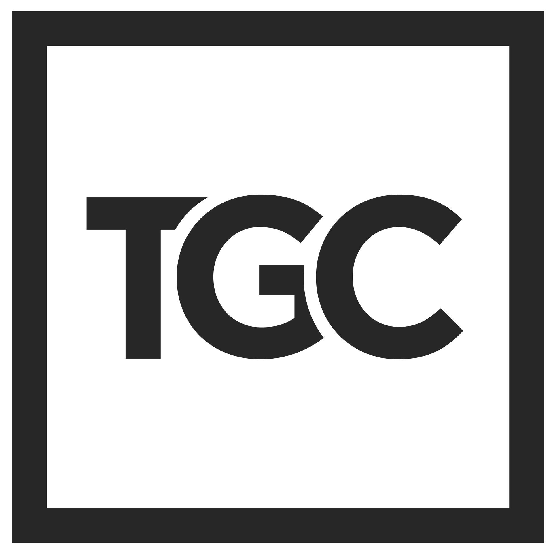 A black and white logo for a company called tgc.