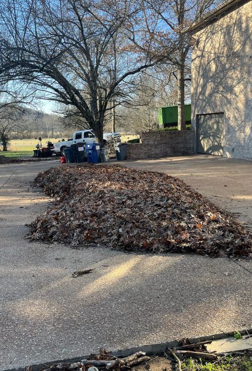A pile of leaves in a driveway next to a building.