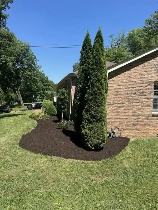 A brick house with two trees in front of it