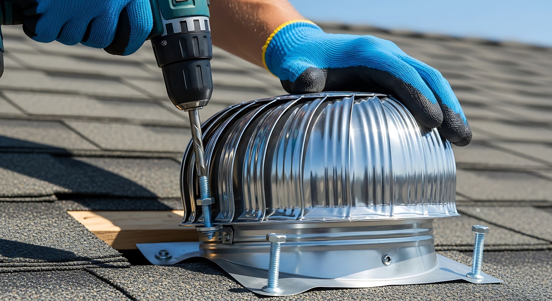 Person in blue gloves using a drill to install a silver roof vent on a shingled roof.