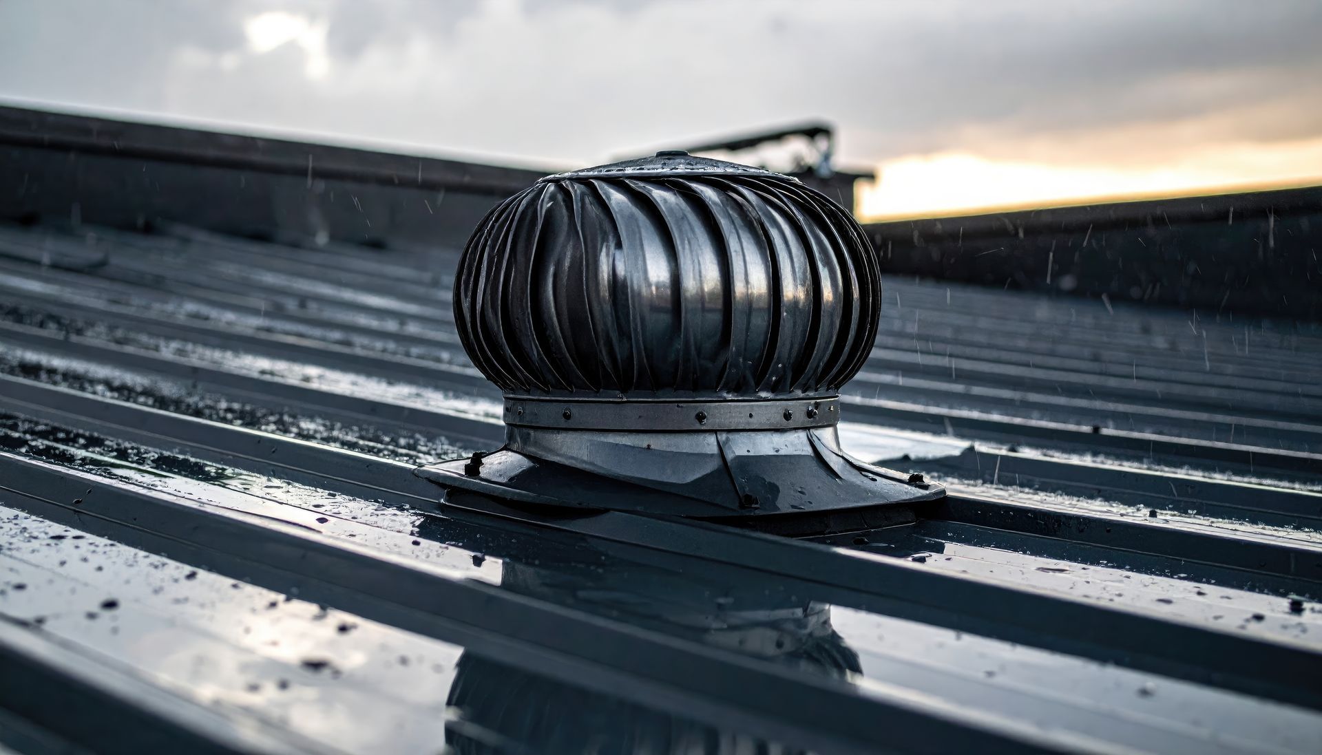 Black metal roof turbine ventilator on a wet, corrugated metal roof.
