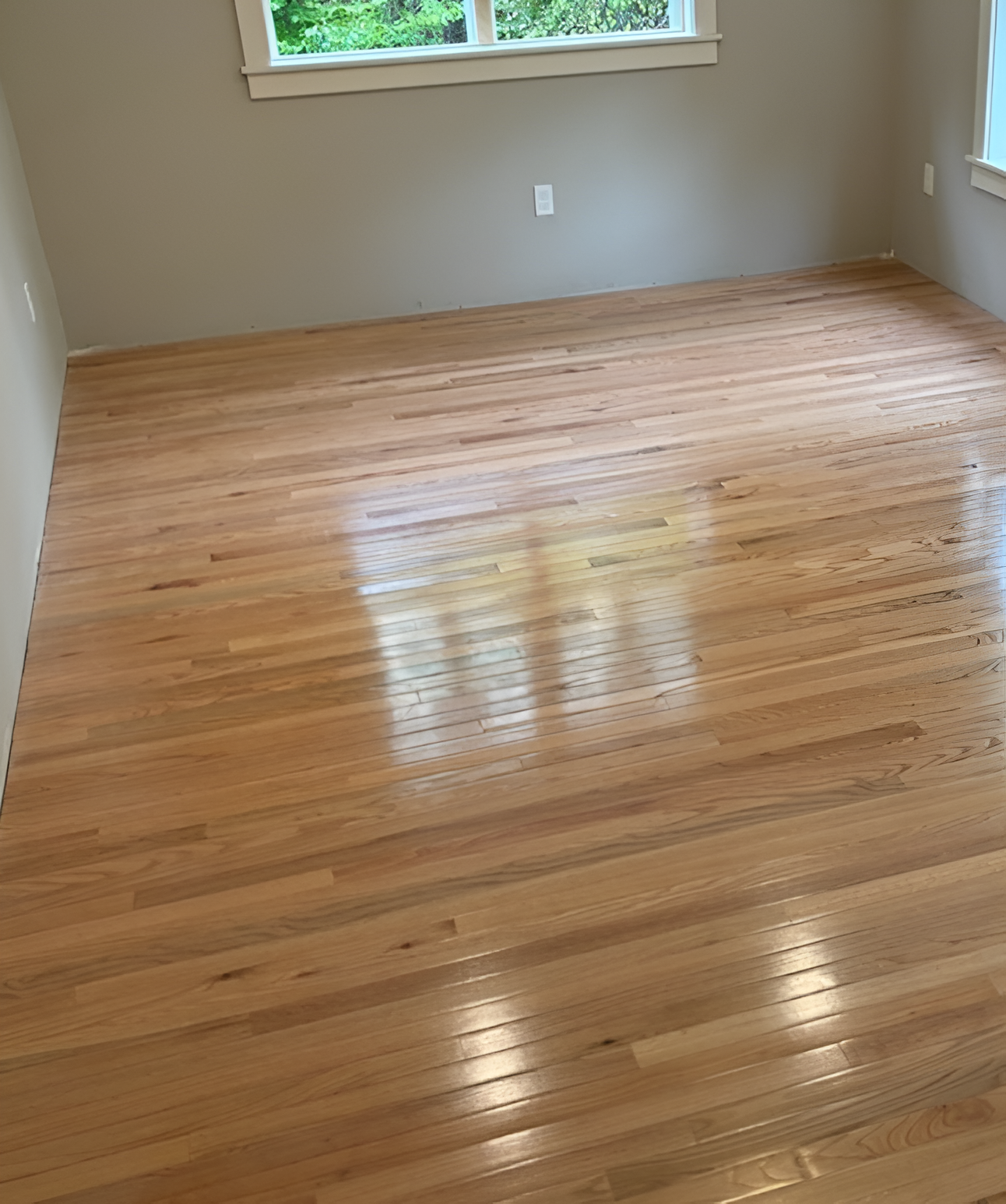 A view of a room with polished, light-colored hardwood flooring and grey walls, illuminated by natural light from a window.