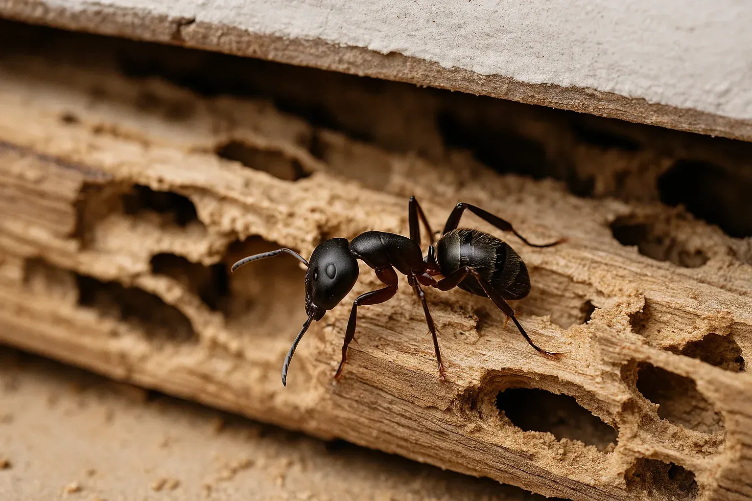 Fourmi charpentière noire sur du bois criblé de trous.