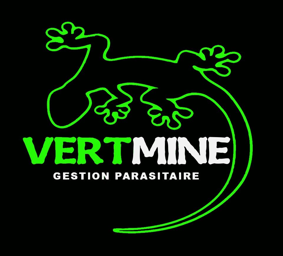 Silhouette de lézard noir à contour vert ; texte « VERTMINE » en dessous, « Gestion Parasitaire » encore en dessous.