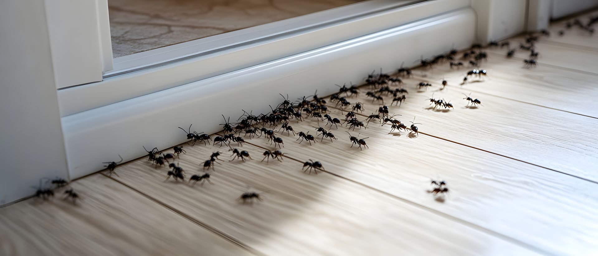 Un grand groupe de fourmis noires rampant sur un plancher en bois près d'une plinthe blanche.