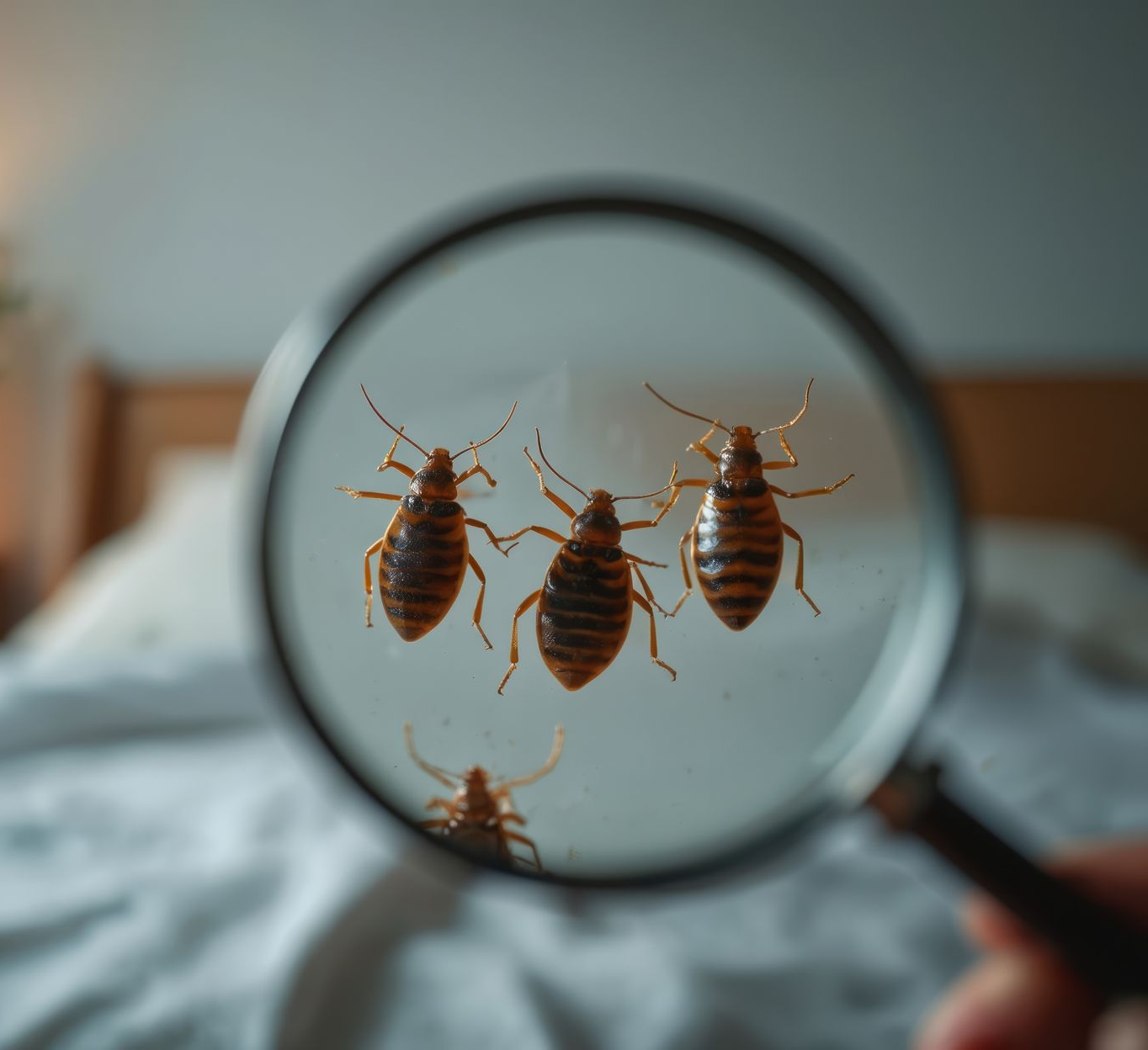 Punaises de lit observées à la loupe sur un lit blanc.