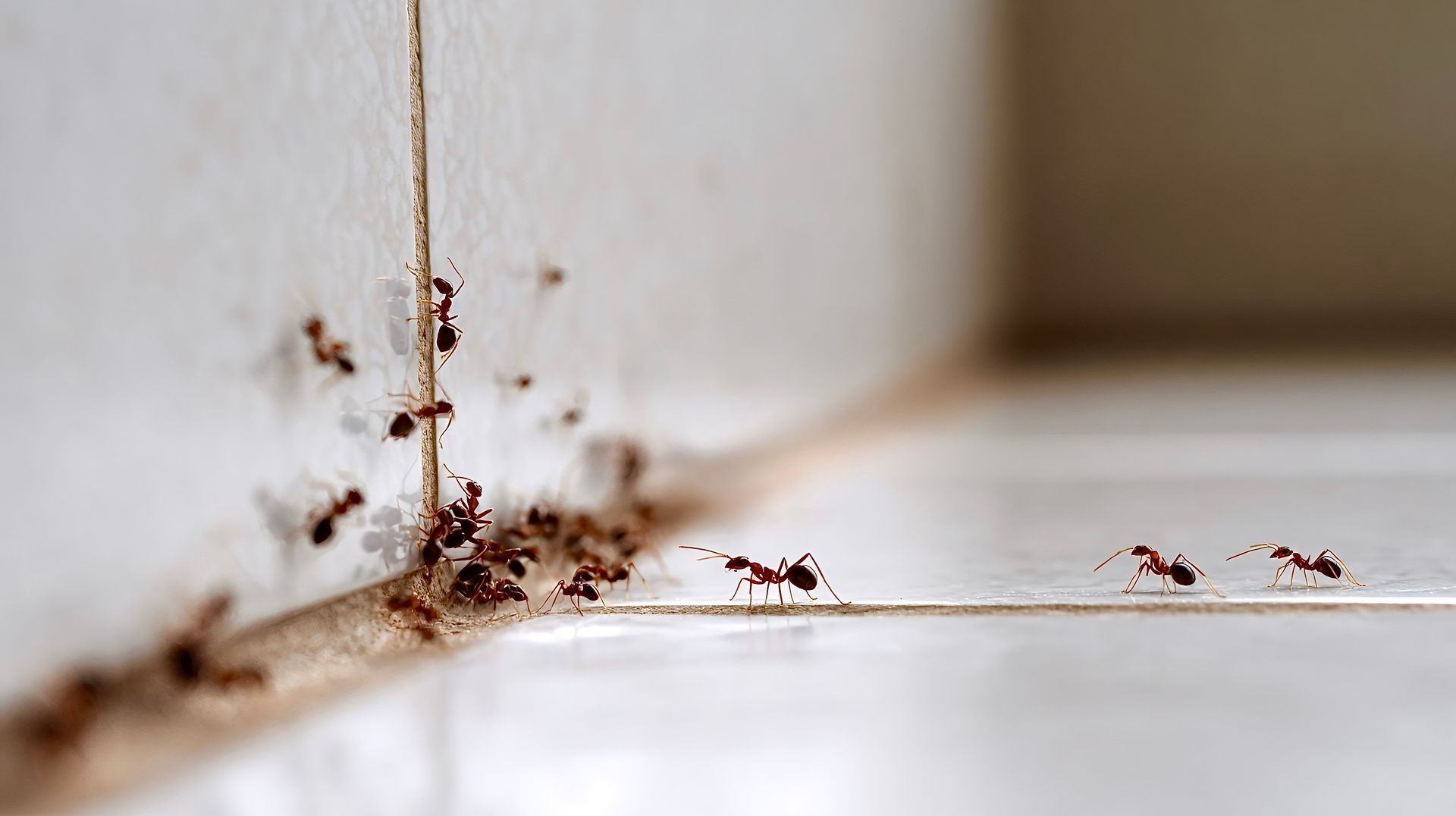 Des fourmis rampant sur une surface carrelée blanche.