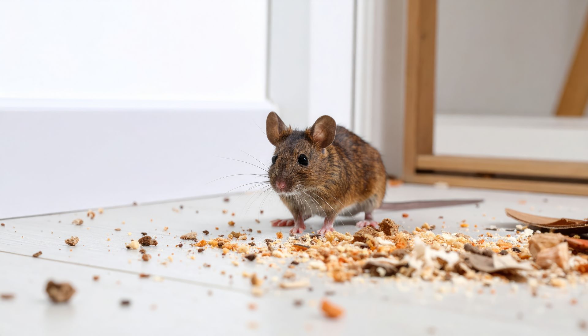 Souris sur un sol carrelé, entourée de miettes, près d'une fenêtre et d'un cadre en bois.