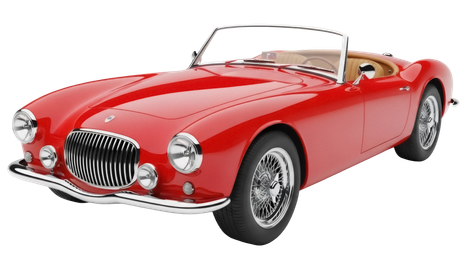 Red classic convertible sports car with chrome grille on a white background