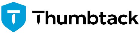 A logo for thumbtack with a blue shield on a white background.