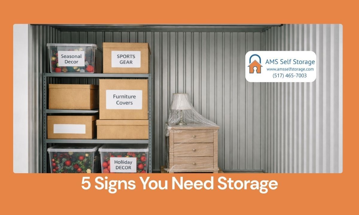Organized self storage unit  with labeled boxes and shelving showing clean, efficient use of space