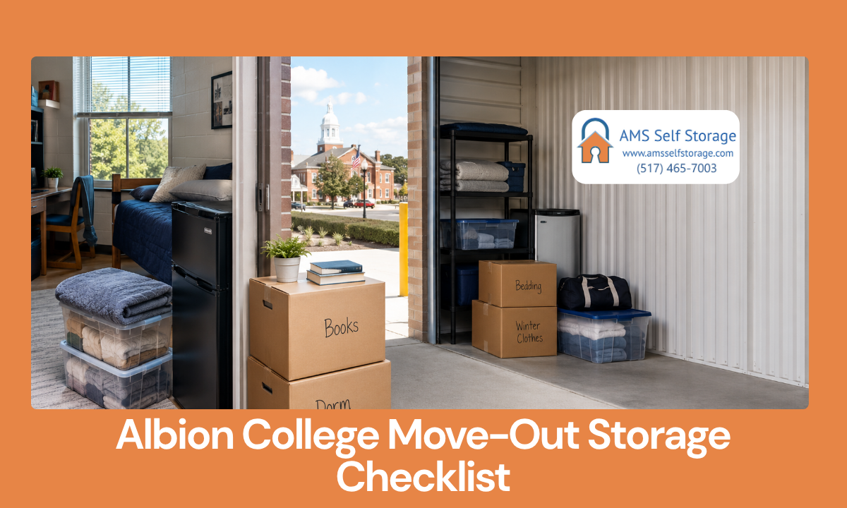 Dorm room boxes and bins packed neatly for Albion College summer storage move-out
