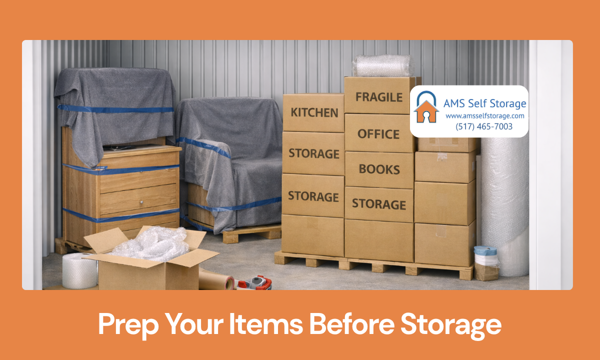 Boxes labeled and furniture wrapped in a storage unit to prepare items for safe storage