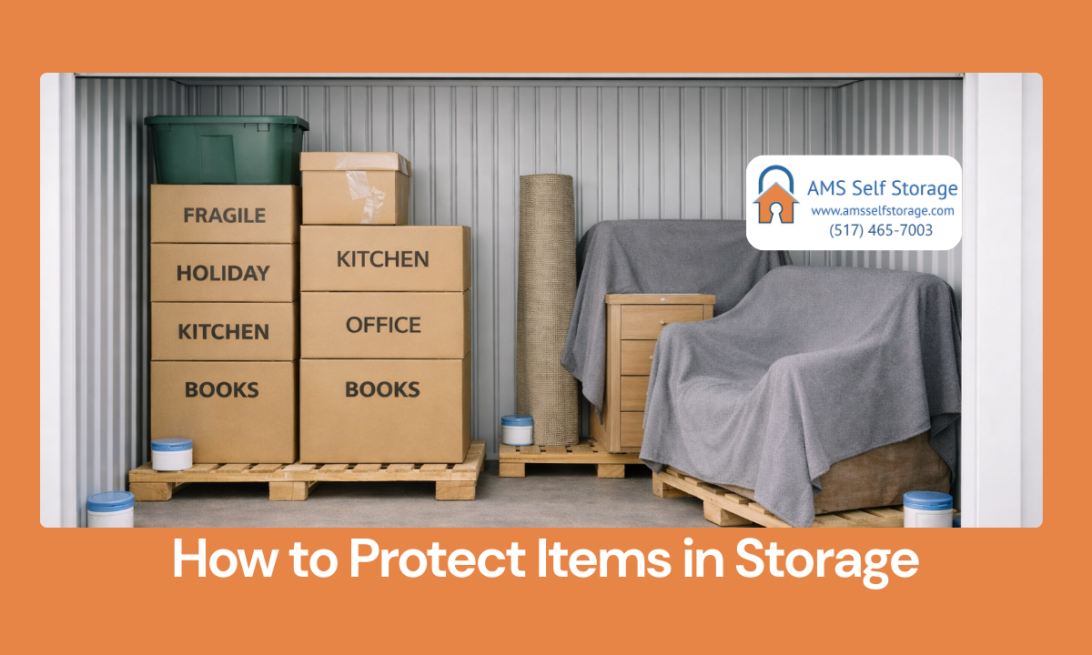 Organized self storage unit with boxes on pallets and covered furniture to protect items.