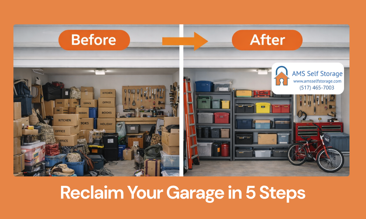 Clean and organized garage with shelves, bins, and open space after decluttering