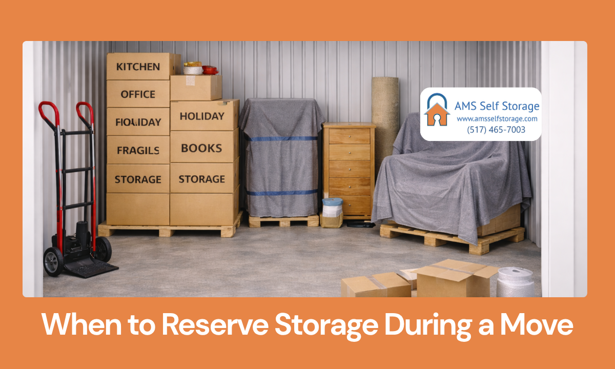 Moving boxes and furniture being placed into a storage unit during a planned move
