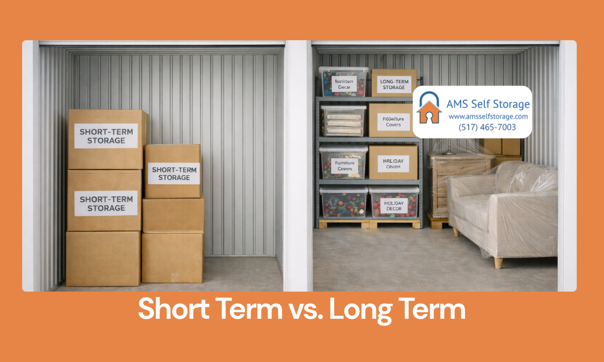 Organized storage unit showing labeled boxes for short-term storage and wrapped furniture arranged f