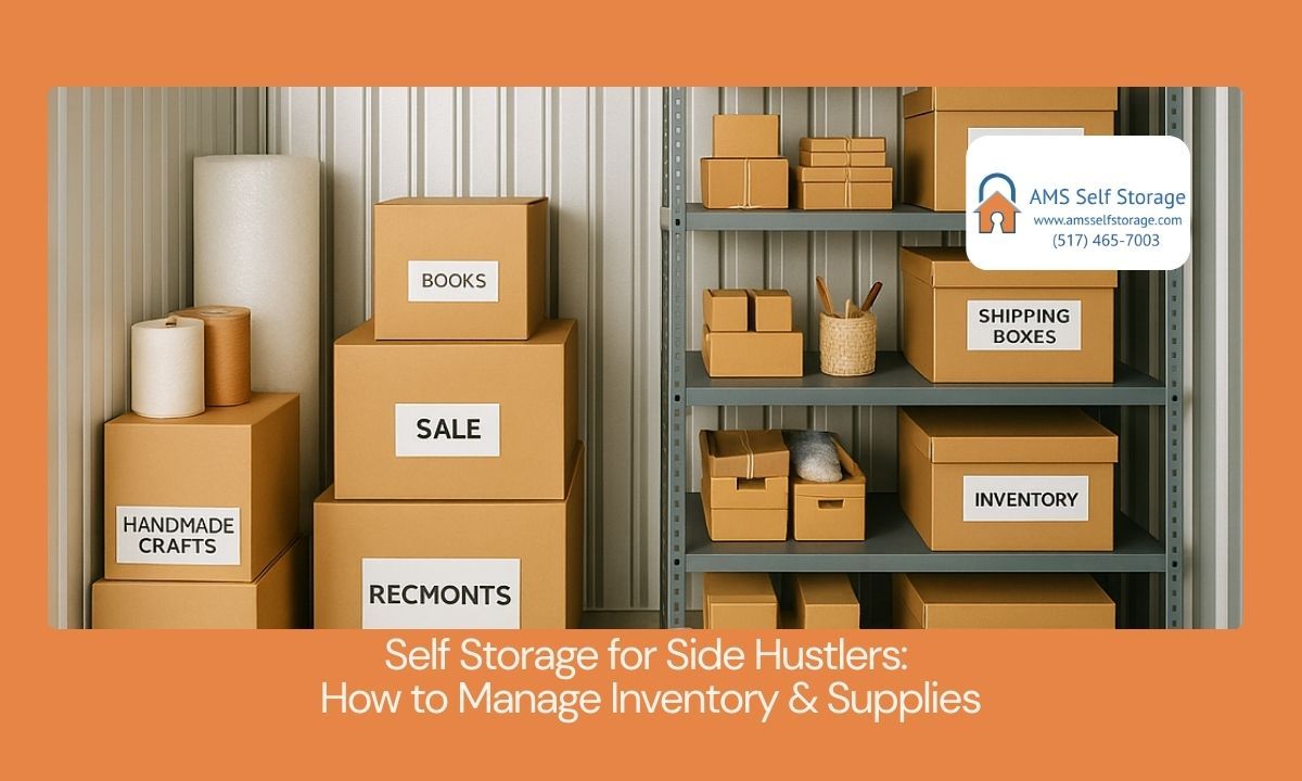 Self storage unit helping side hustle businesses organize inventory and supplies