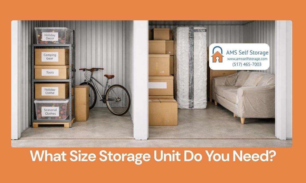 Different sized self storage units displaying organized boxes and furniture to show space capacity