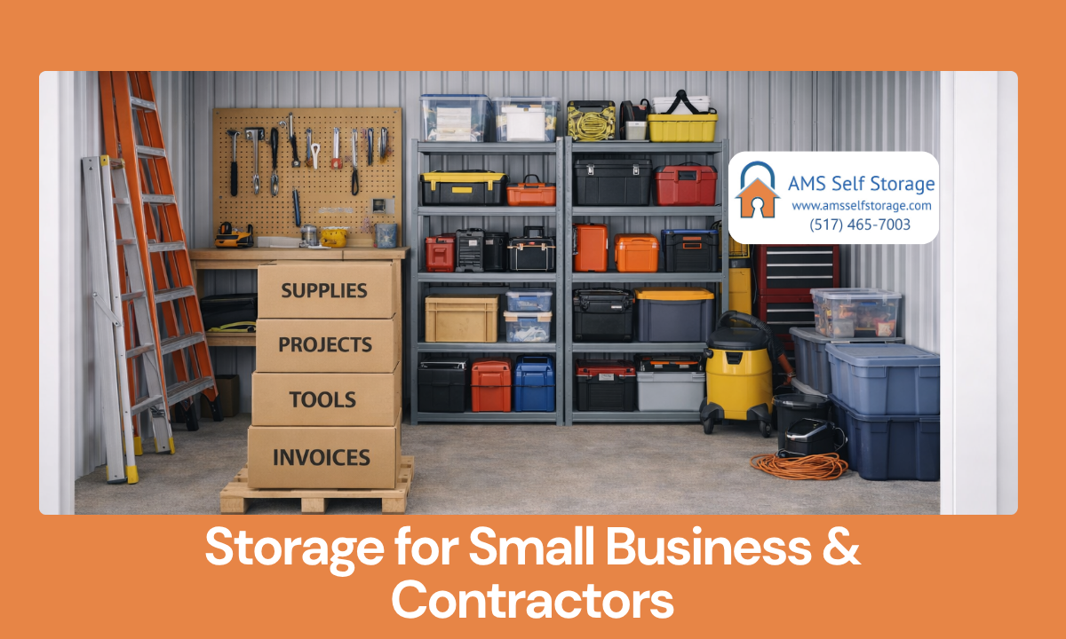 Clean storage unit with tools, shelving, and organized boxes used by small business owners.