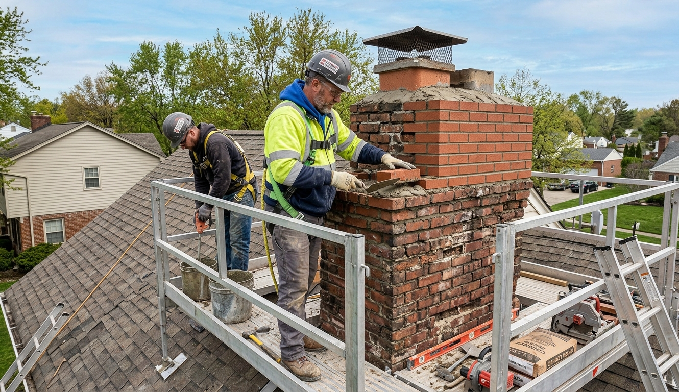 Two workers in high-visibility safety gear repair a weathered brick chimney while standing on a rooftop metal scaffold.