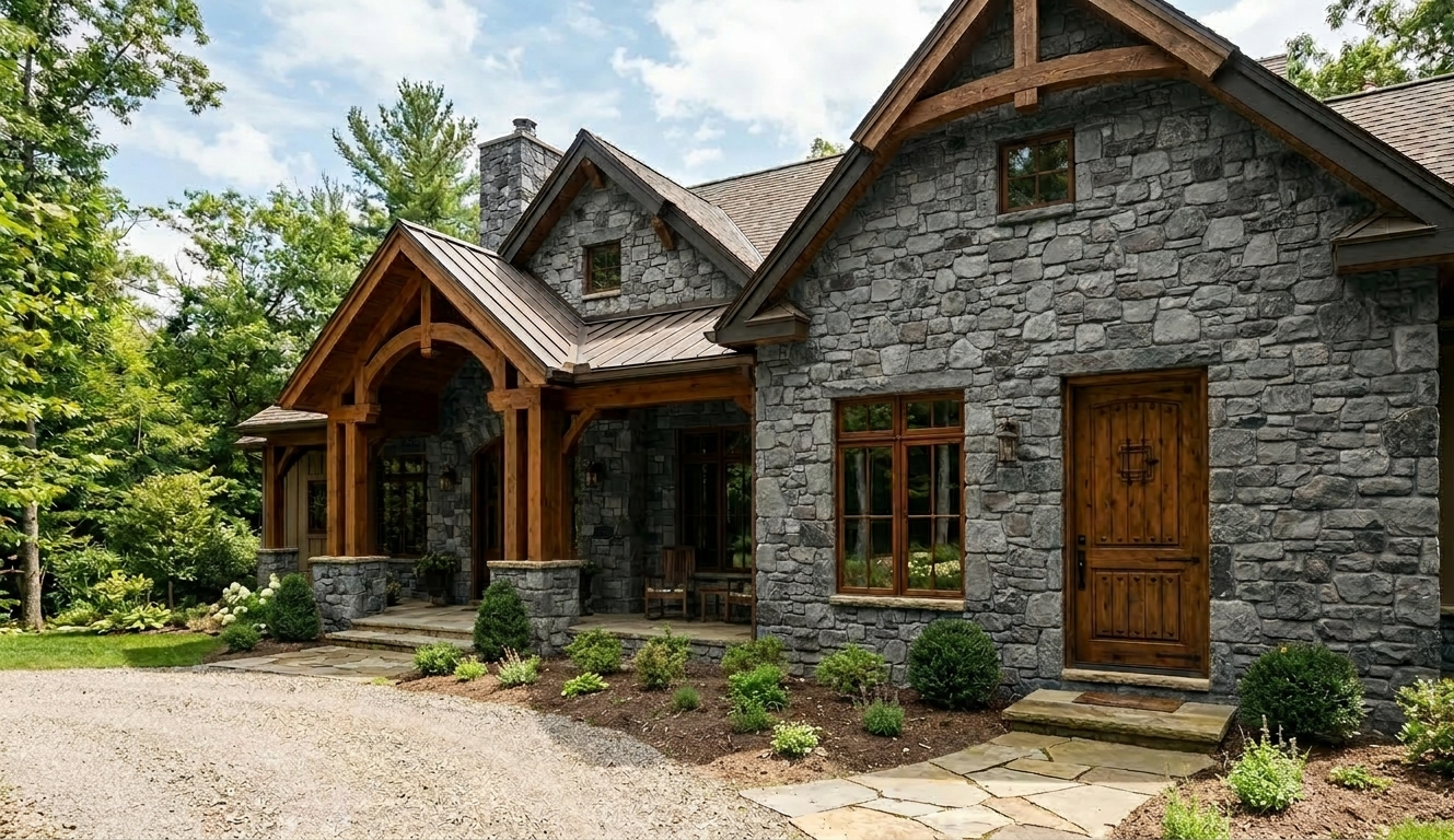 A stone house with wooden beams, a gabled roof, and a gravel driveway set amidst lush green trees.