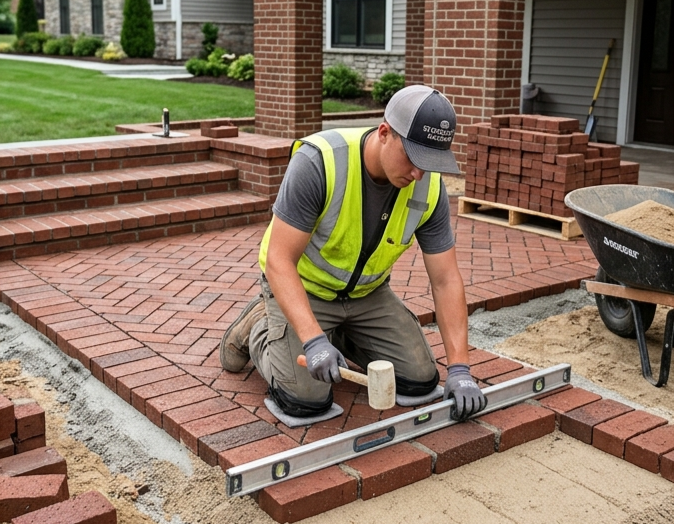 A worker in a safety vest kneeling on a patio, using a mallet and level to set bricks in a herringbone pattern.