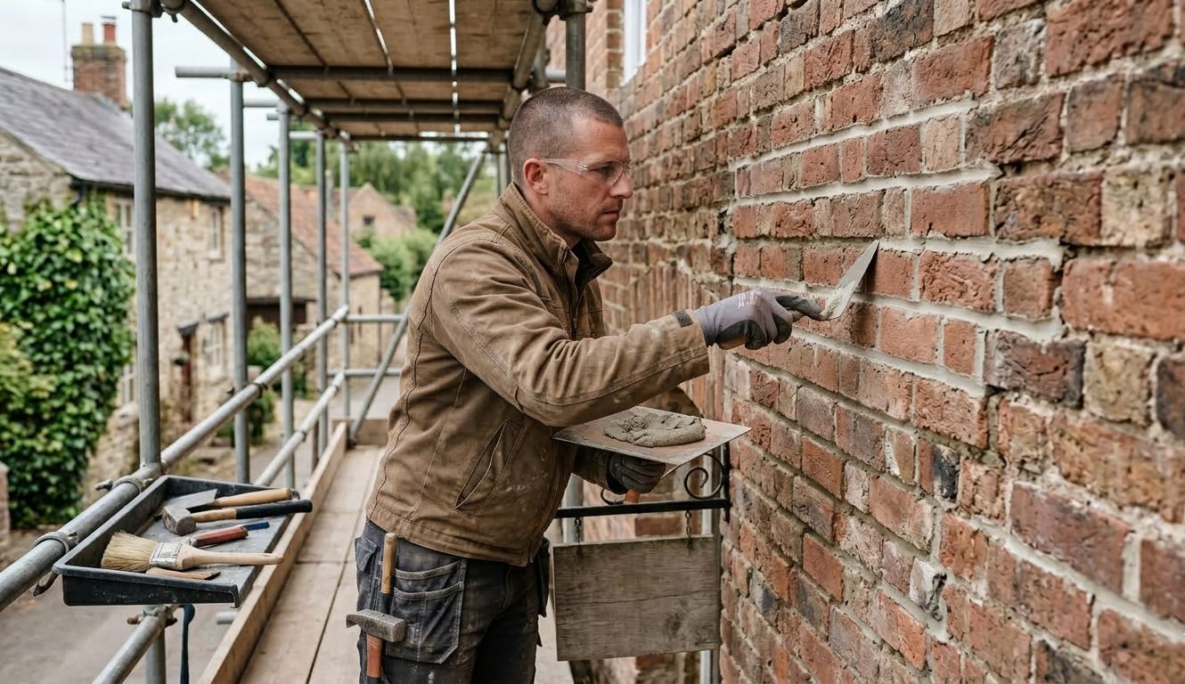 A person in protective eyewear uses a trowel to apply mortar between bricks on a wall while standing on scaffolding.