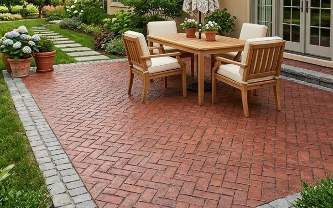 A patio with red brick flooring in a herringbone pattern, featuring a wooden dining set and potted hydrangeas.