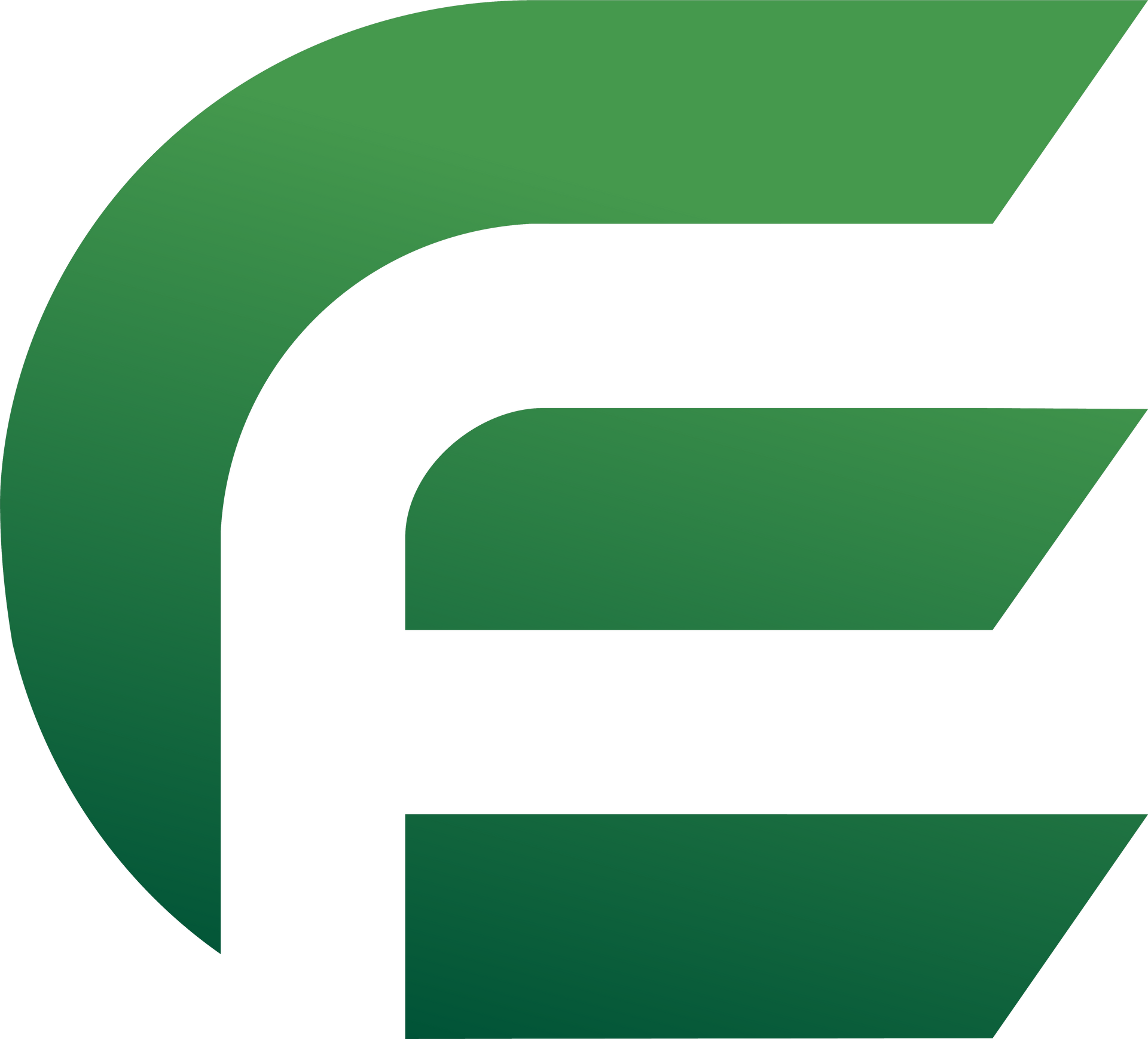 A green and white logo with the letter f in the middle of an e.