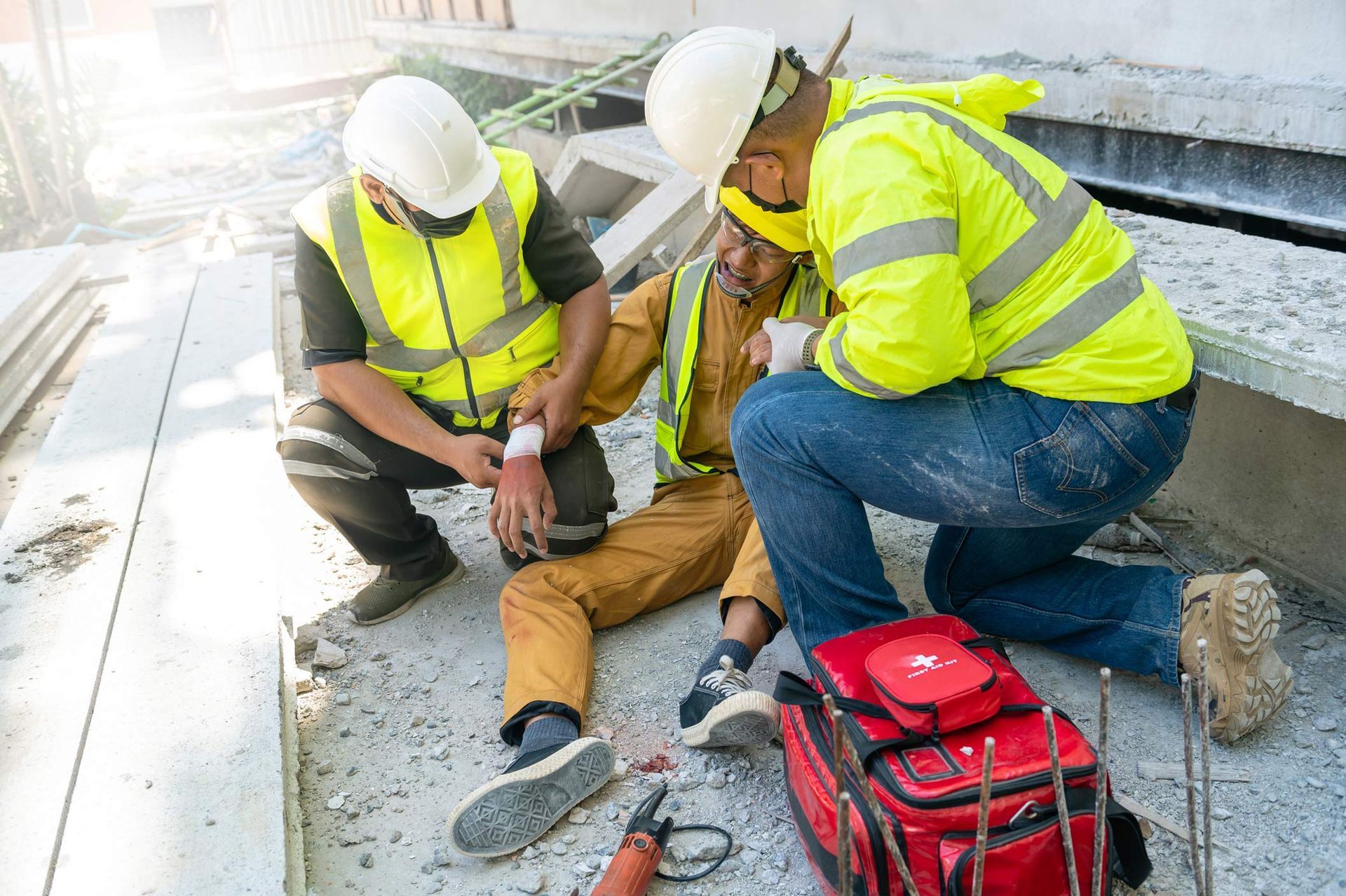 Construction workers assisting an injured colleague. One is kneeling, examining the arm. Yellow safety vests and a red first aid kit are present. Construction workers assisting an injured colleague. One is kneeling, examining the arm. Yellow safety vests and a red first aid kit are present.