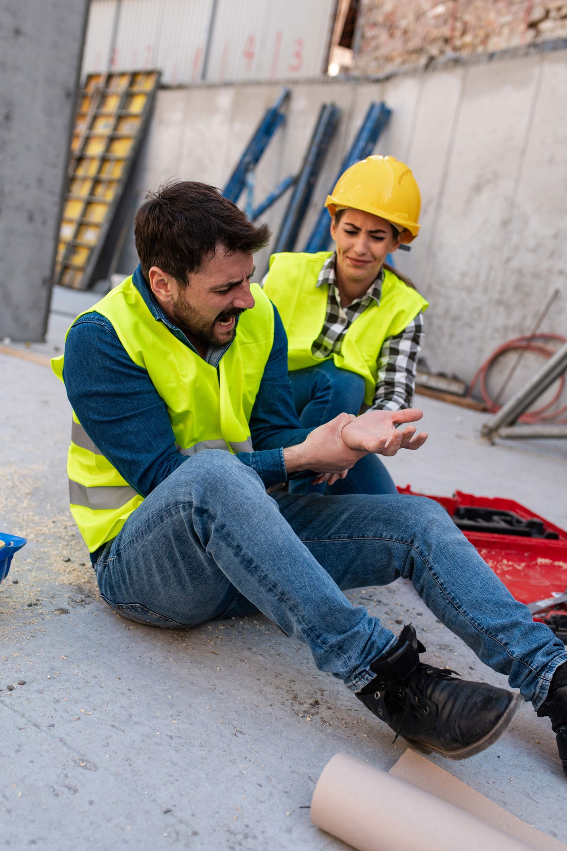 Construction worker injured, seated on concrete. Another worker assists, both wearing safety vests and helmets. Construction worker injured, seated on concrete. Another worker assists, both wearing safety vests and helmets.