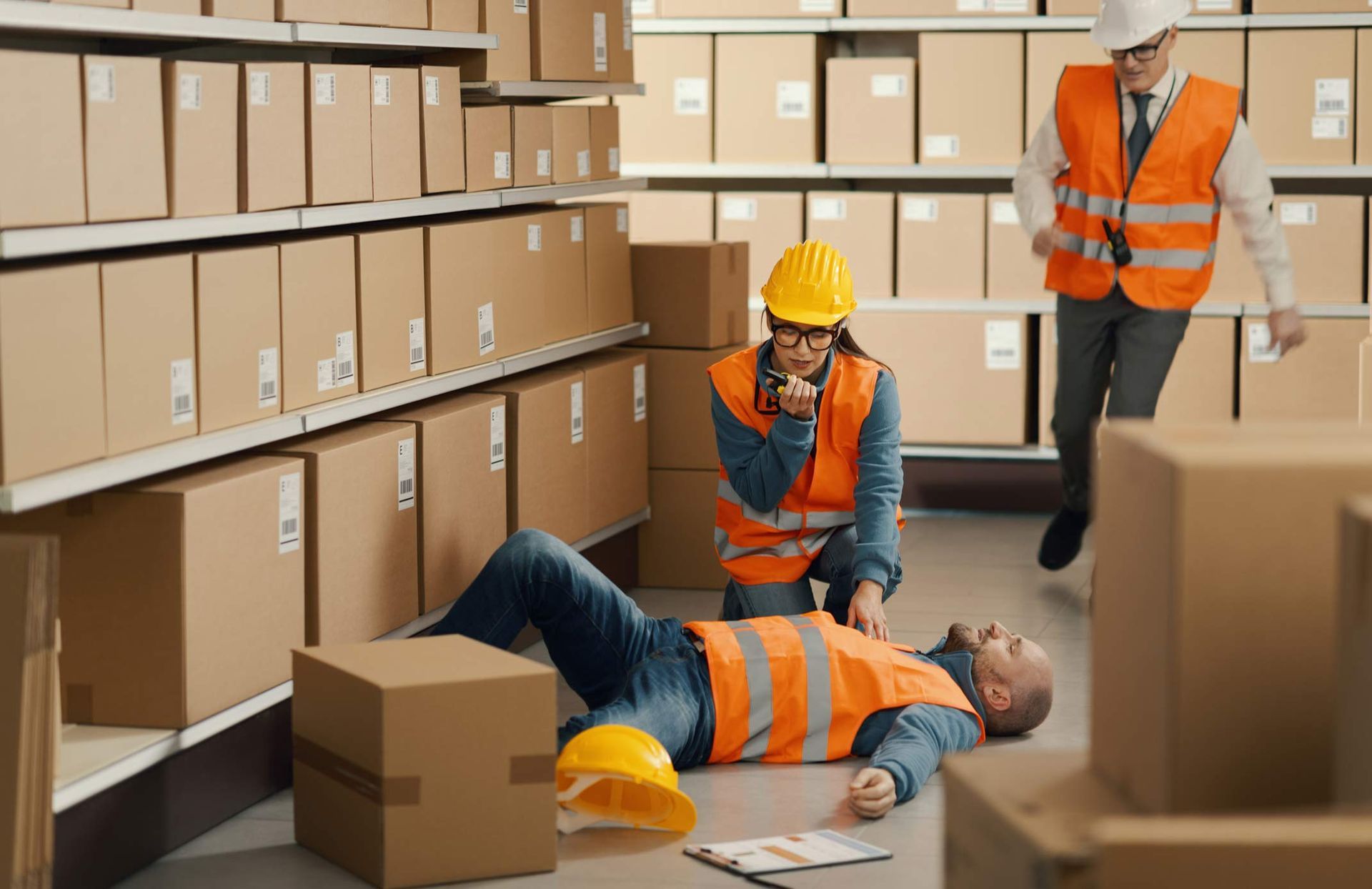 Warehouse worker collapsed on floor; colleague kneeling to help, another running for assistance.