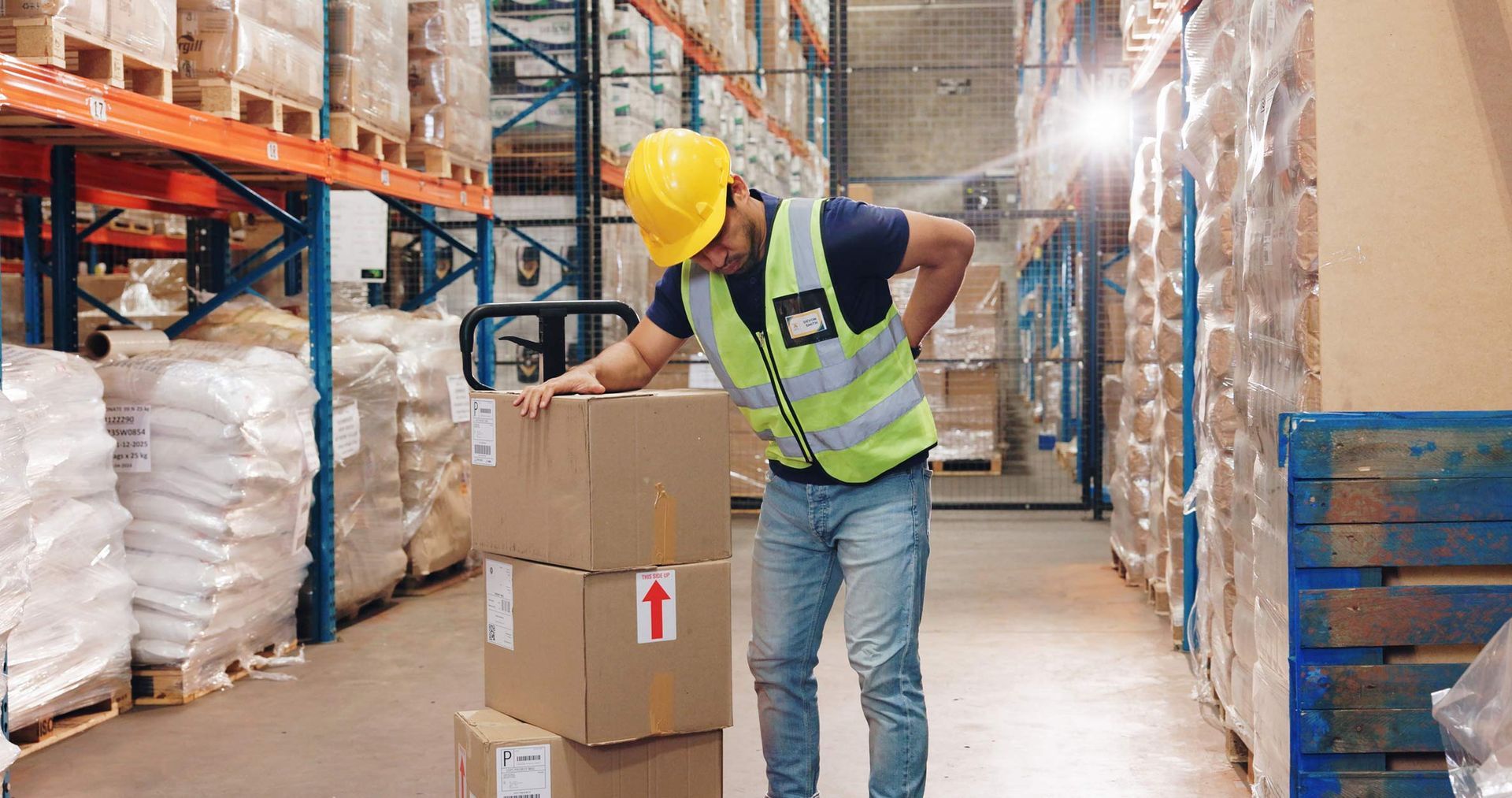 Warehouse worker with back pain, reaching for stacked boxes. Wearing a hard hat and safety vest. Warehouse worker with back pain, reaching for stacked boxes. Wearing a hard hat and safety vest.