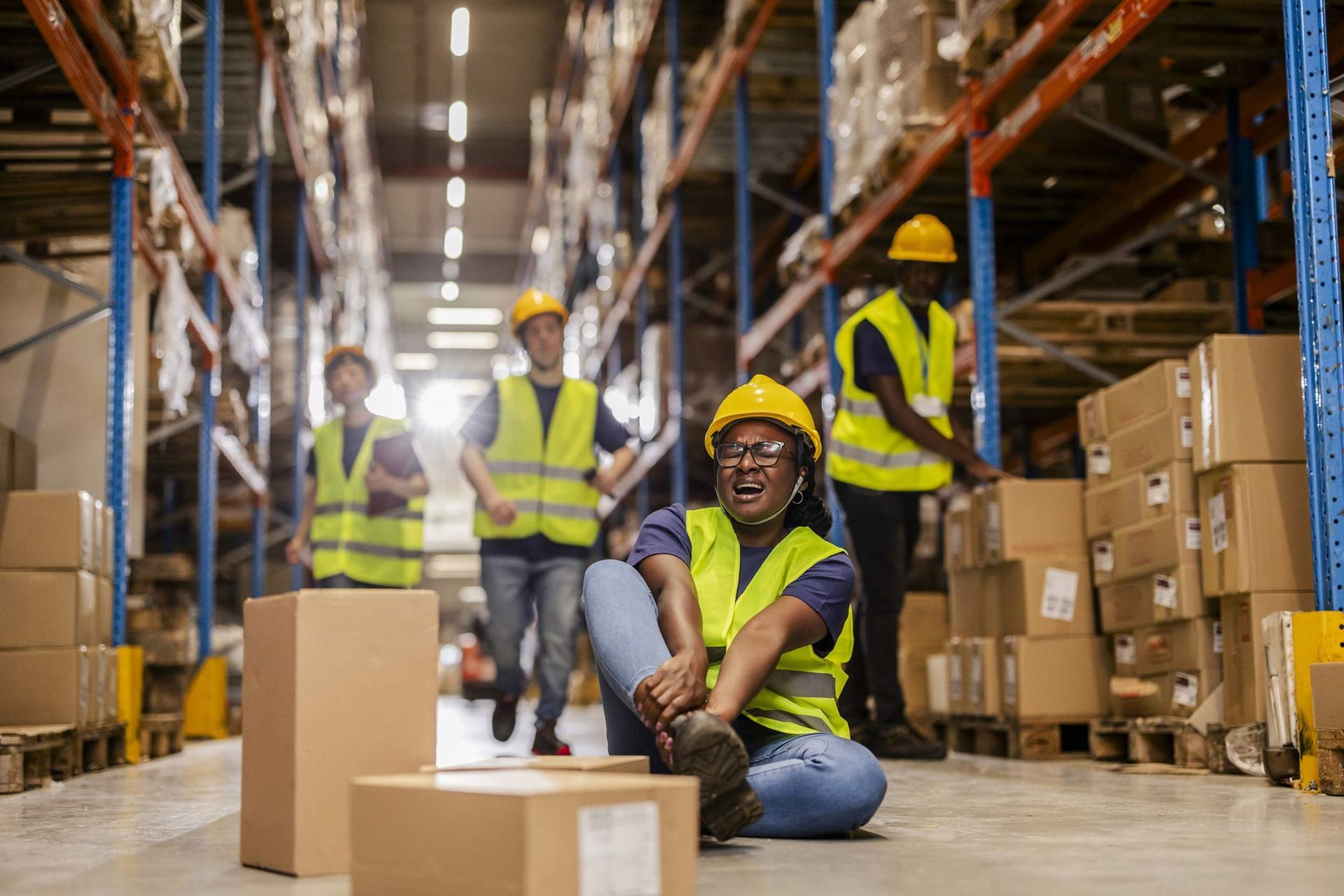 Warehouse worker with leg injury, sitting on floor surrounded by boxes; colleagues in vests approach. Warehouse worker with leg injury, sitting on floor surrounded by boxes; colleagues in vests approach.
