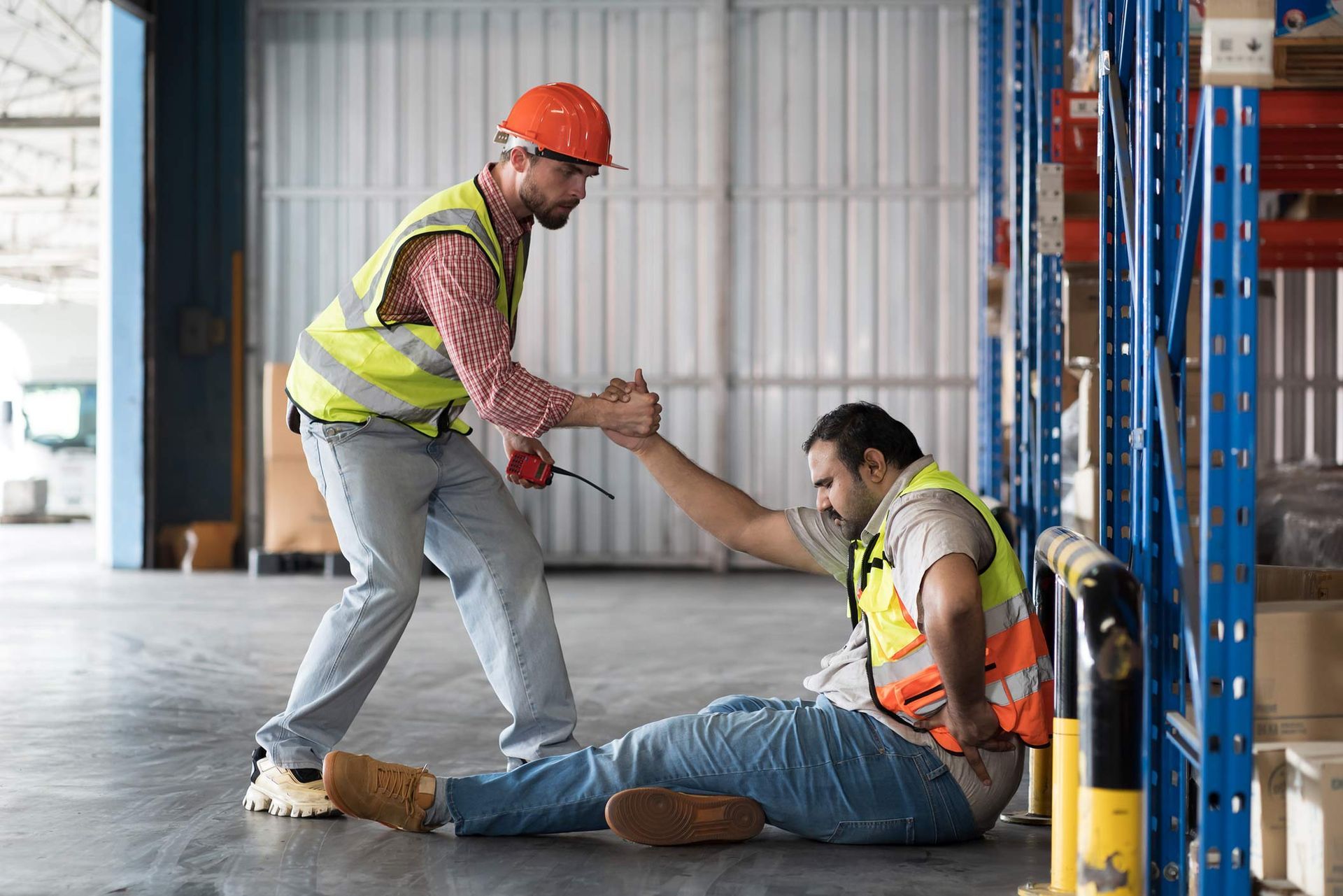Warehouse worker helps another who has fallen, both wearing safety vests and hard hats. Warehouse worker helps another who has fallen, both wearing safety vests and hard hats.