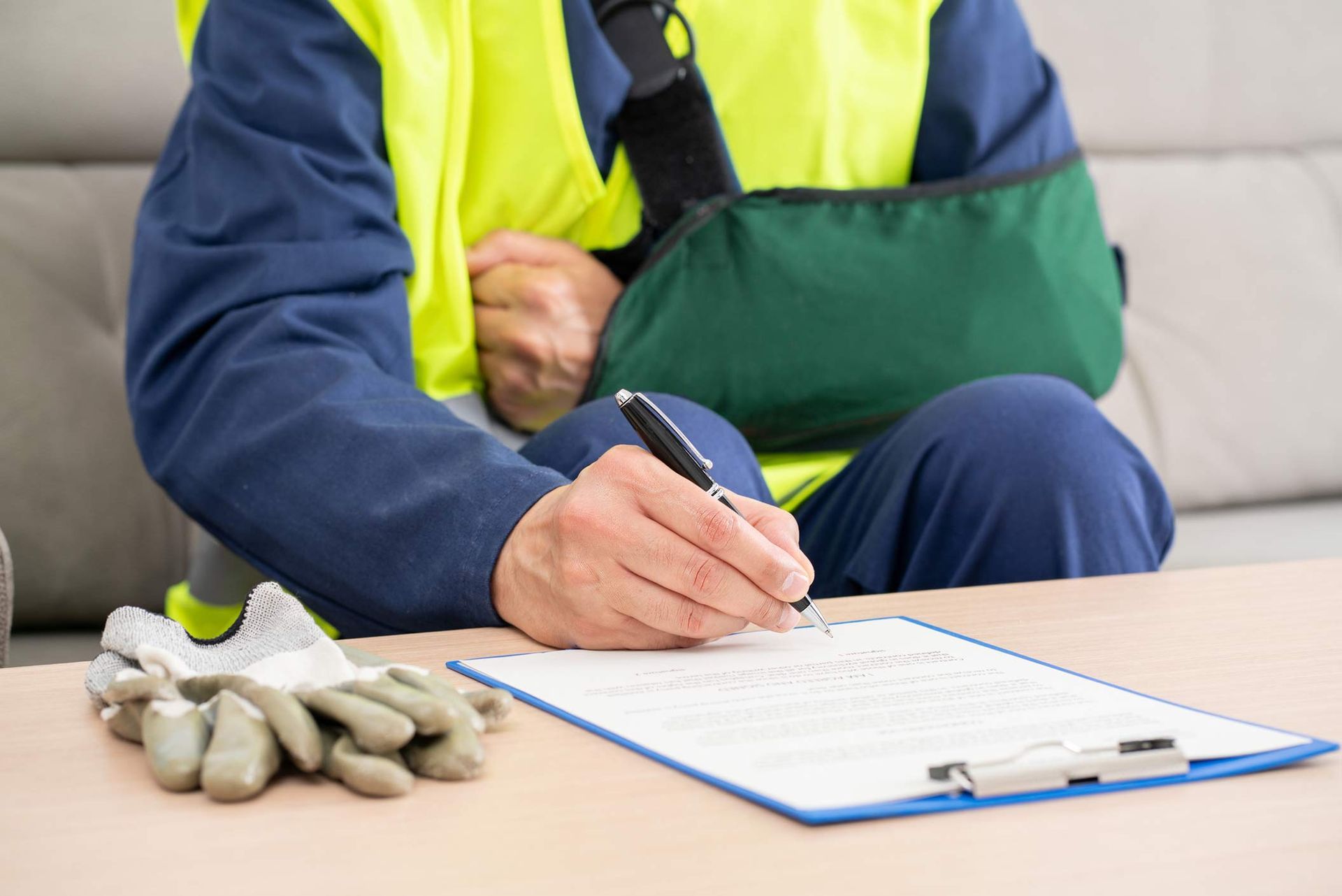 Person with arm in sling, wearing safety vest, writing on a clipboard. Gloves are visible on the table. Person with arm in sling, wearing safety vest, writing on a clipboard. Gloves are visible on the table.