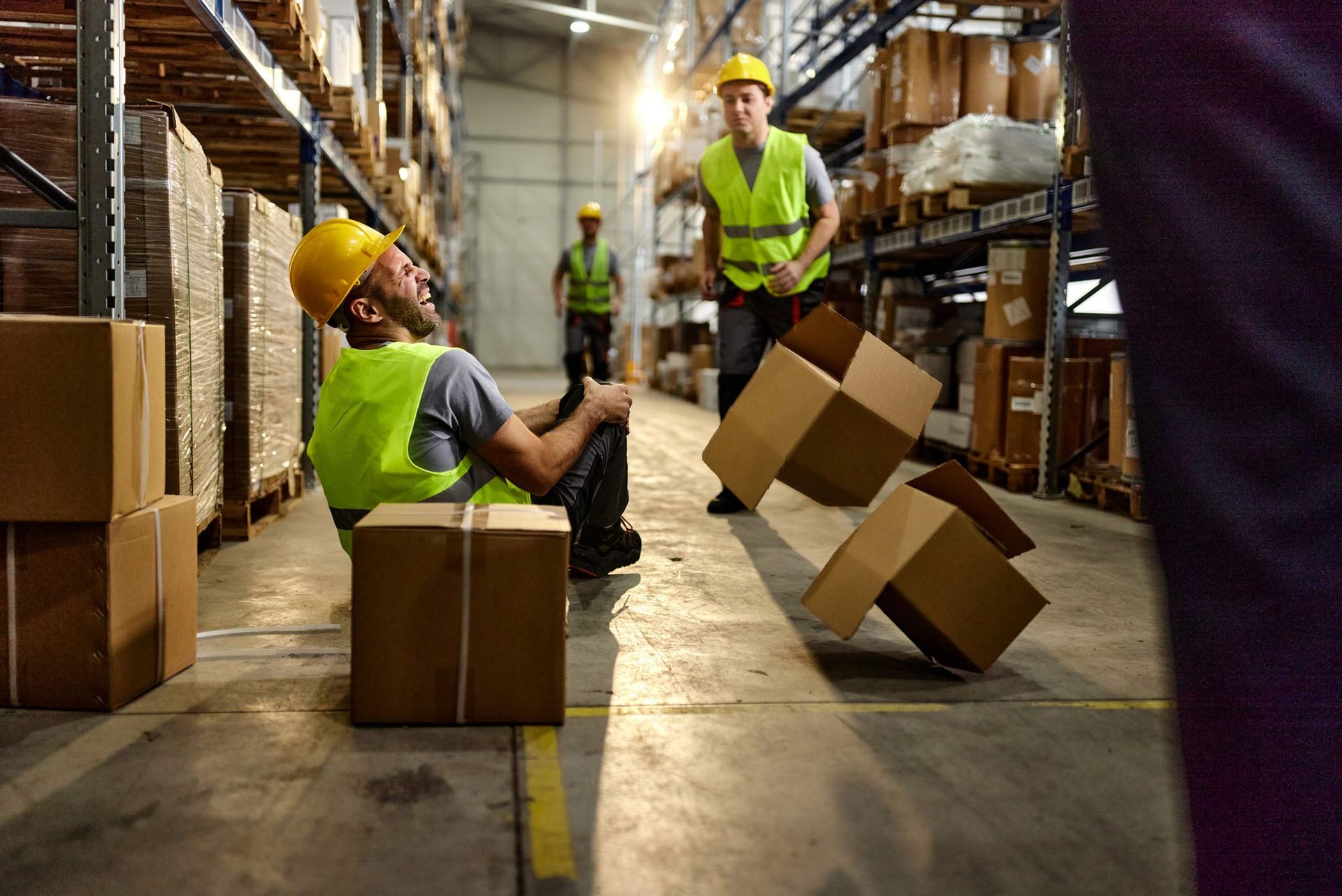 Warehouse worker falls, surrounded by boxes; others react. Yellow helmets and vests. Warehouse worker falls, surrounded by boxes; others react. Yellow helmets and vests.