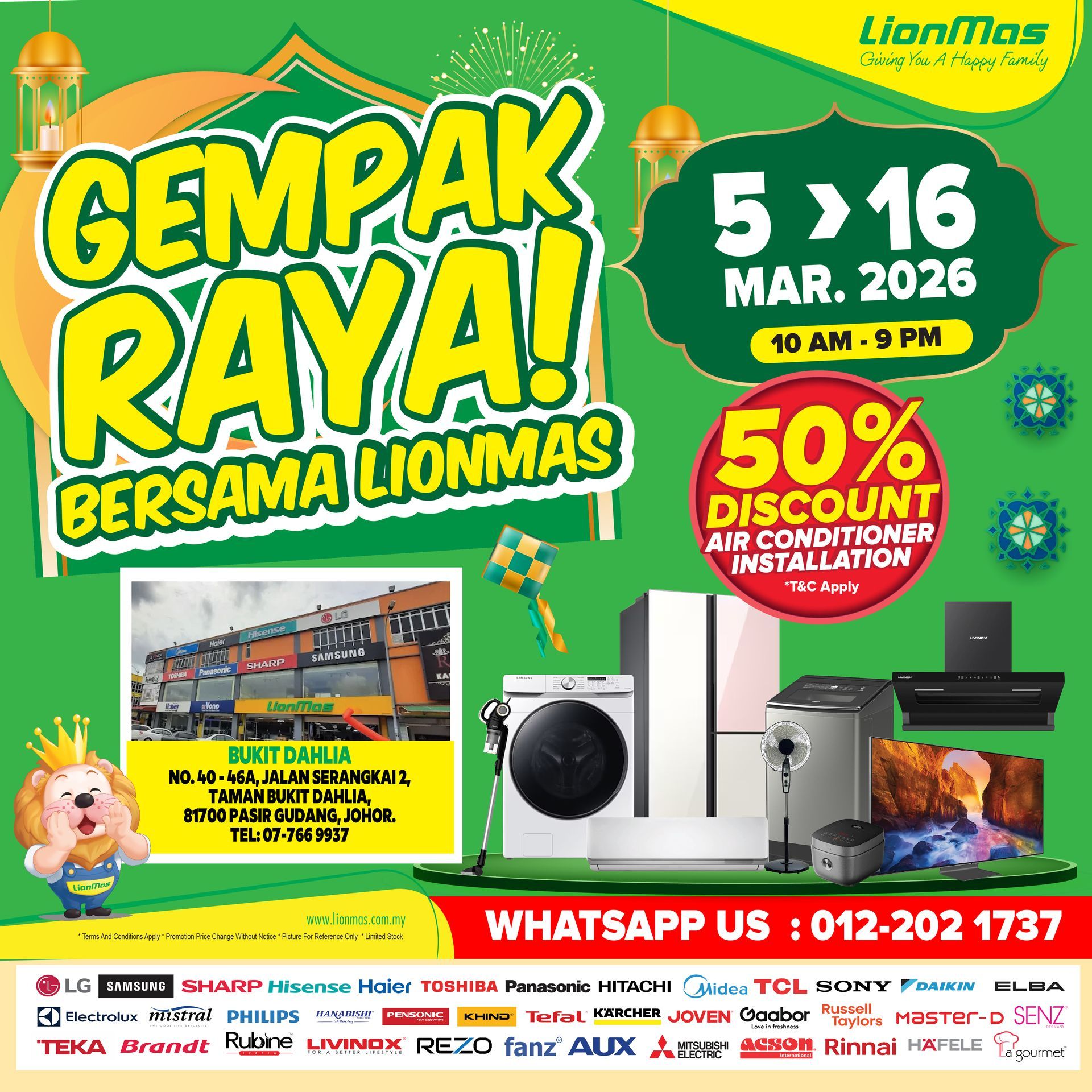 Lionmas Raya sale ad: air conditioner discount, appliances, train, dates March 5-16, 2026.