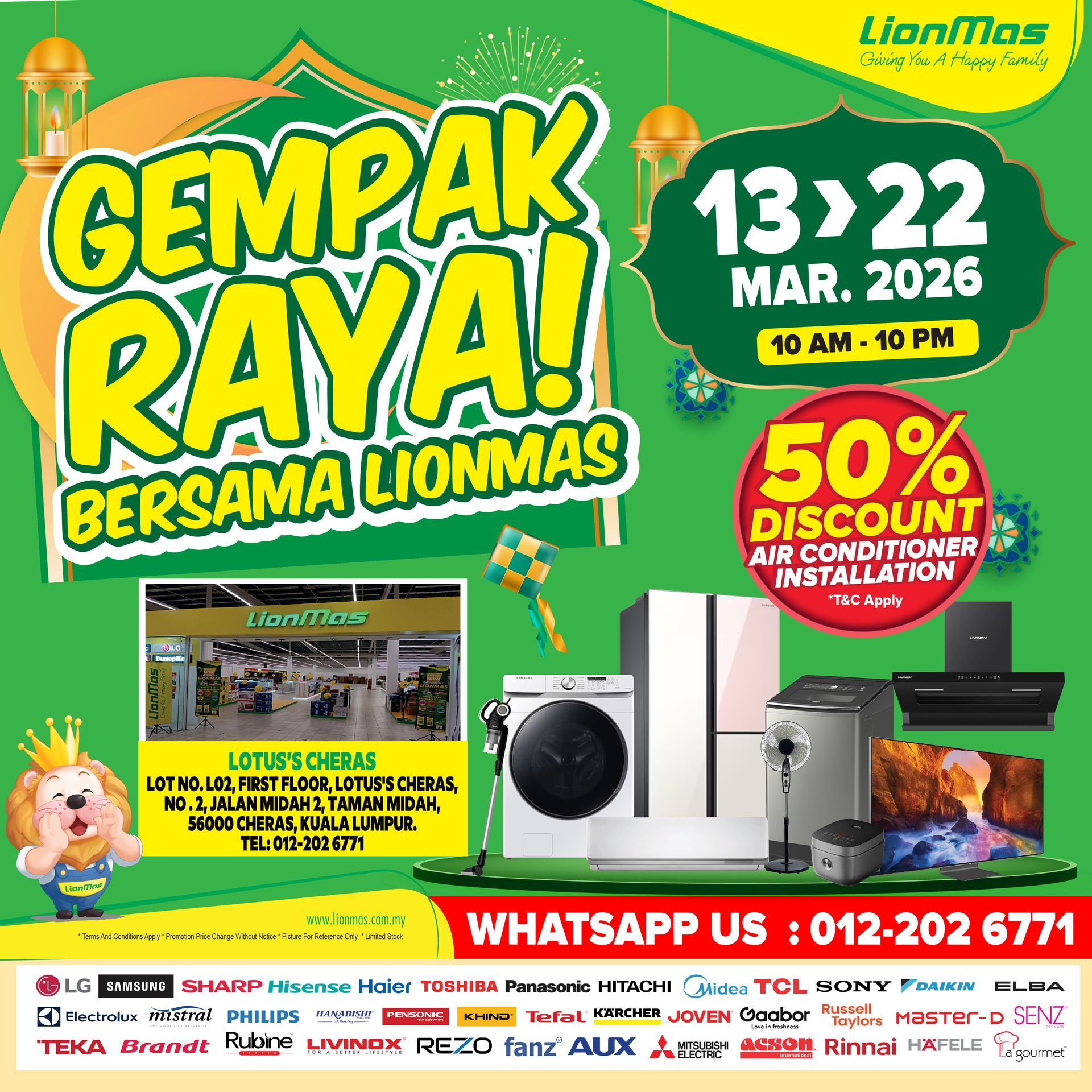 Yellow and white electronics store with various brand signs. Cars parked in front.