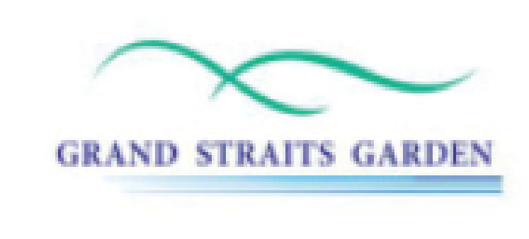 The logo for grand straits garden is a green and blue swirl.