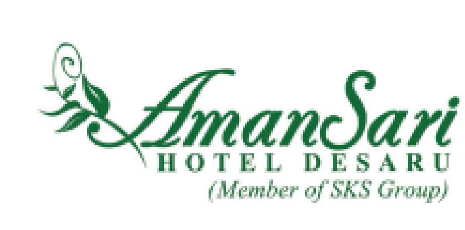 A green and white logo for aman sari hotel desaru