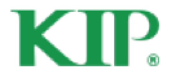 A green and white logo for kip on a white background.