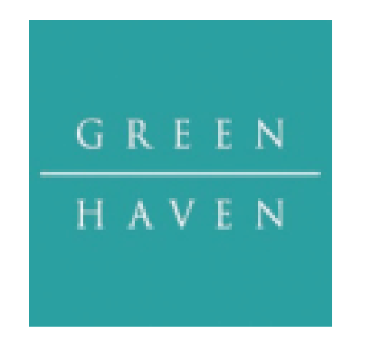 The logo for green haven is a blue square with white letters.