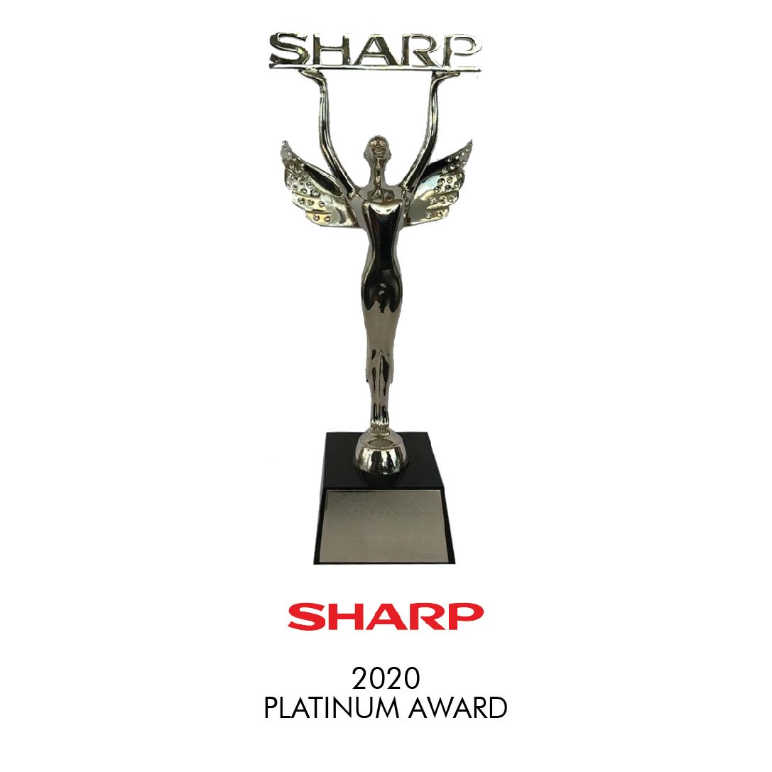 The sharp platinum award is a statue of a woman with wings.