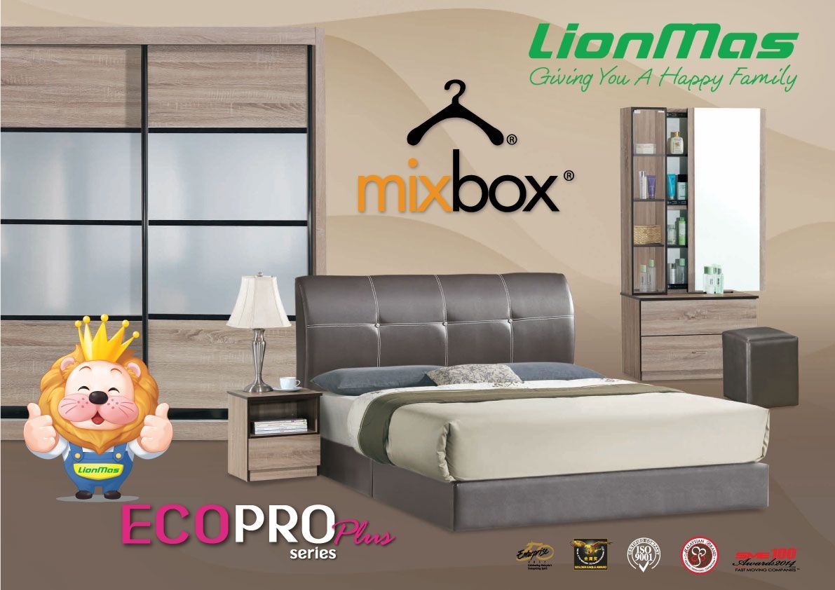 A lion mascot is standing next to a bed in a bedroom.
