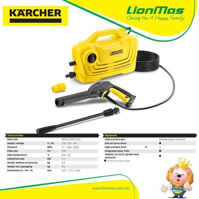 A karcher high pressure washer with a hose attached to it.