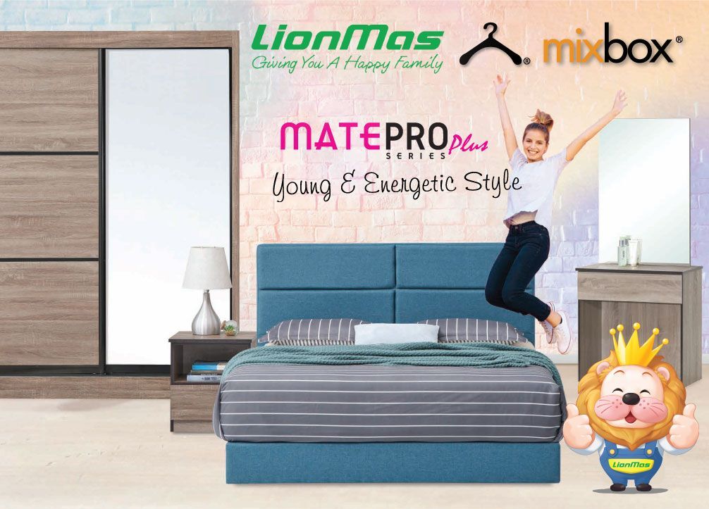 A woman is jumping in the air in front of a bed in a bedroom.
